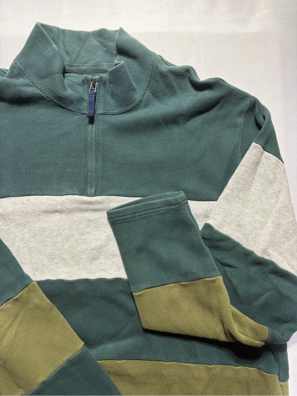 Lands End Men's XLarge Cotton Green Colorblock Quarter-Zip Long Sleeve Sweater